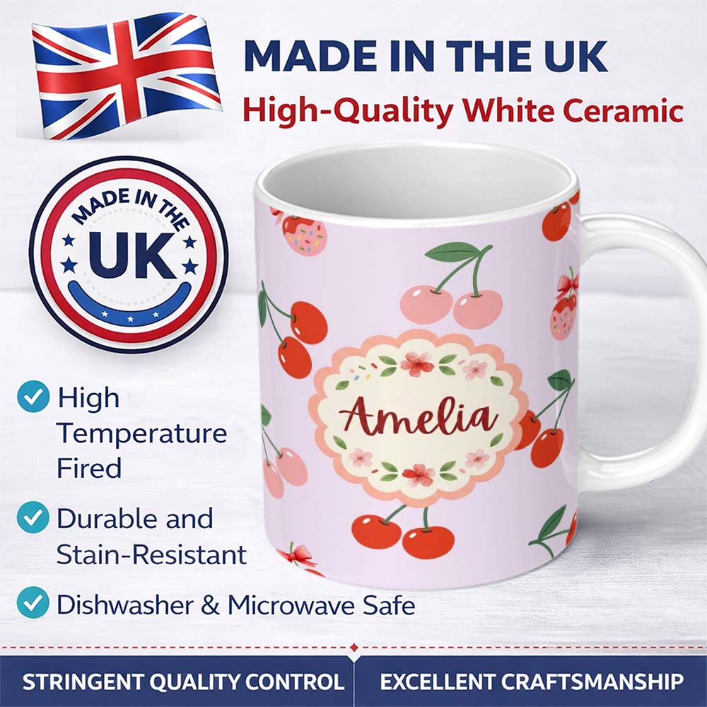 Personalized Custom Name Cute Cherry Fruit with Bow and Sprinkles Seamless Pattern Soft Lilac 11oz Ceramic Coffee Tea Mug White Large Handle