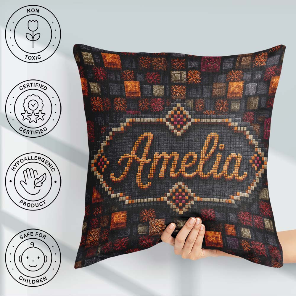 Custom Name Autumn Texture Multicolour Abstract Seamless Pattern Square Filled Cushion Throw Pillow Sofa Bed Home Decor Zip Washable UK Made