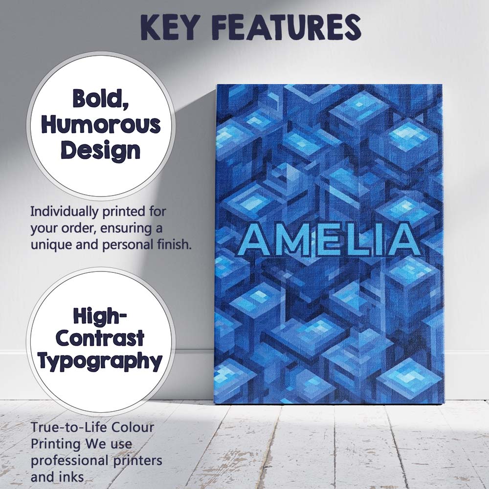 Personalised Name Blue 3D Cube Block Custom Premium Decorative Design Modern Room Accent Canvas Wall Art Print Decor Picture Ready to Hang