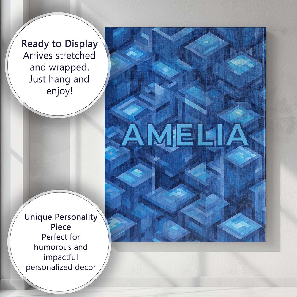 Personalised Name Blue 3D Cube Block Custom Premium Decorative Design Modern Room Accent Canvas Wall Art Print Decor Picture Ready to Hang