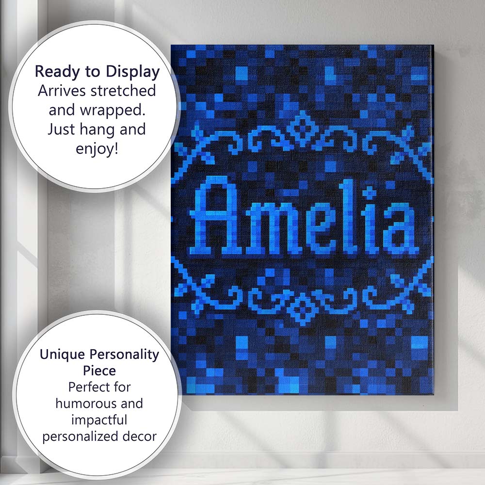 Personalised Name Dark Blue Pixel Texture Custom Unique Gift Idea Elegant Feature Canvas Wall Art Print Decor Picture Ready to Hang