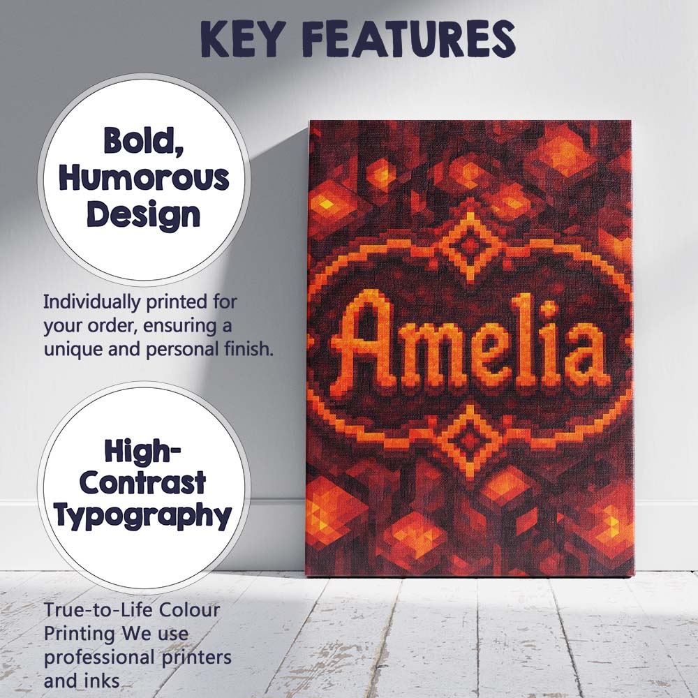 Personalised Name Red Lava Cube Block Custom Modern Room Accent Creative Decorator Style Canvas Wall Art Print Decor Picture Ready to Hang