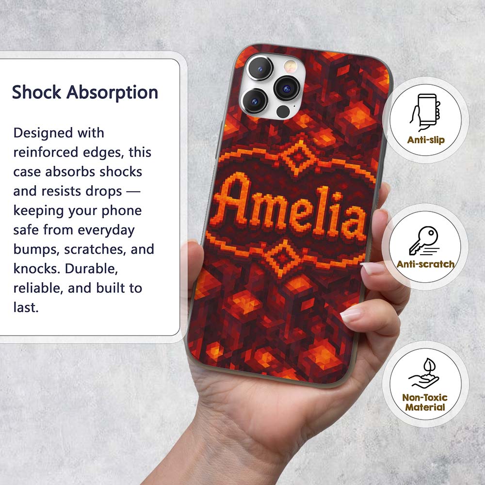 Red Lava Cube Block Abstract Geometric Seamless Custom Name Protective Phone Case Mobile Cover Durable Everyday Smartphone Shock Resistant