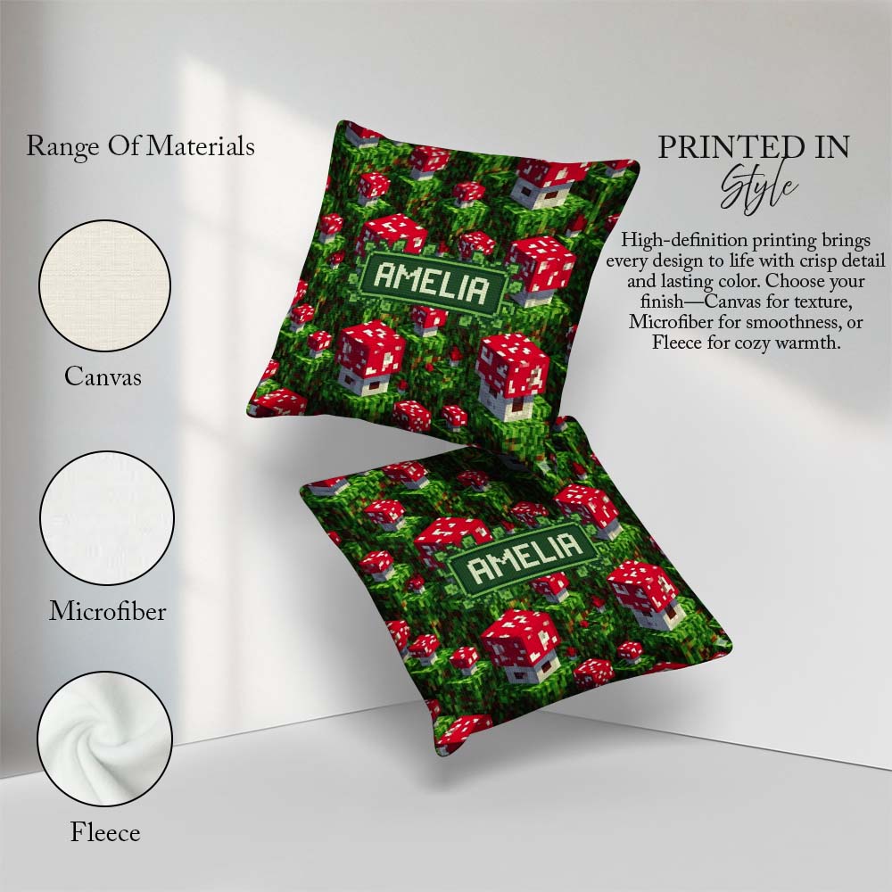 Custom Name Pixel Mushroom Forest Green Terrain Seamless Pattern Square Filled Cushion Throw Pillow Sofa Bed Home Decor Zip Washable UK Made