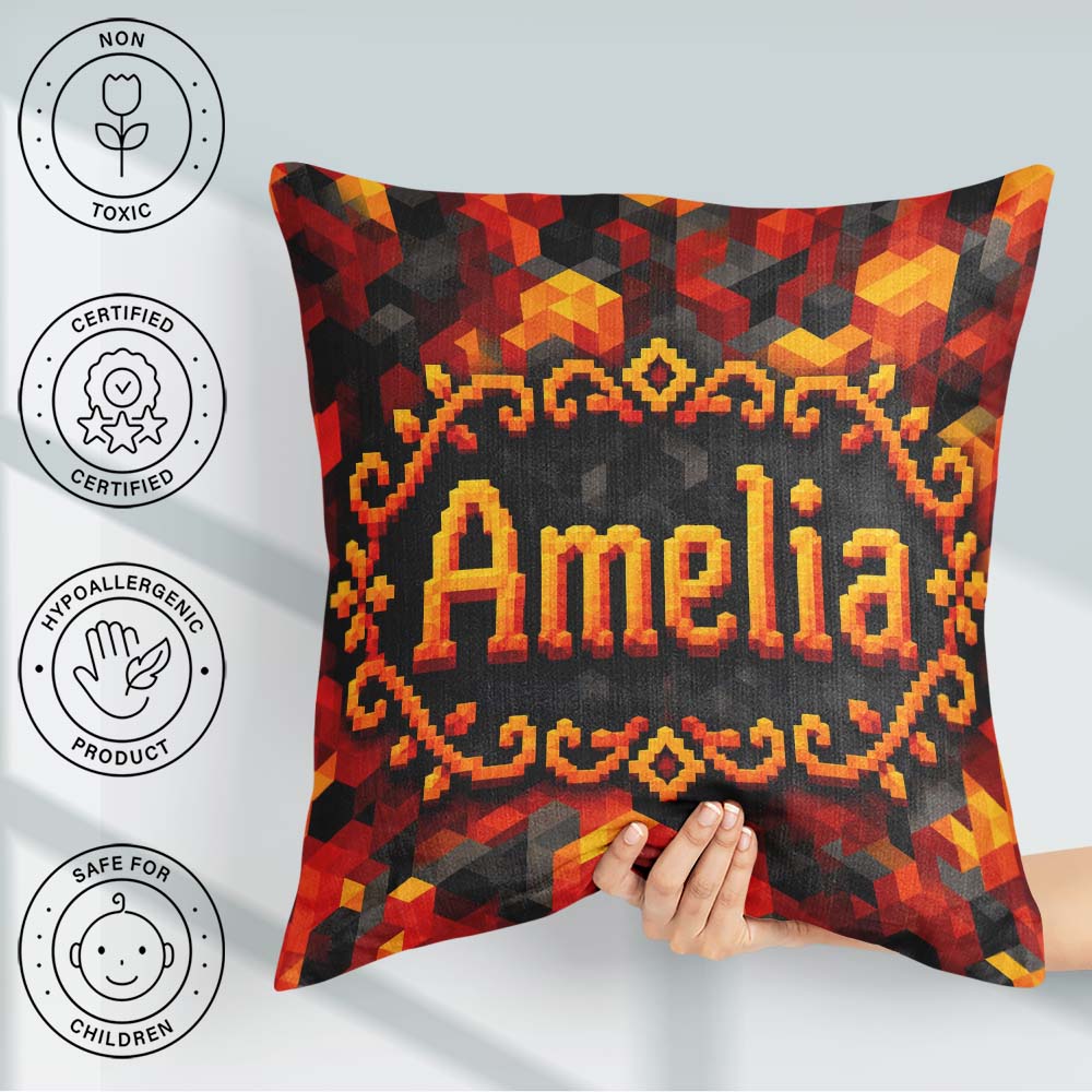 Custom Name Red Yellow Geometric Cube Abstract Seamless Pattern Square Filled Cushion Throw Pillow Sofa Bed Home Decor Zip Washable UK Made
