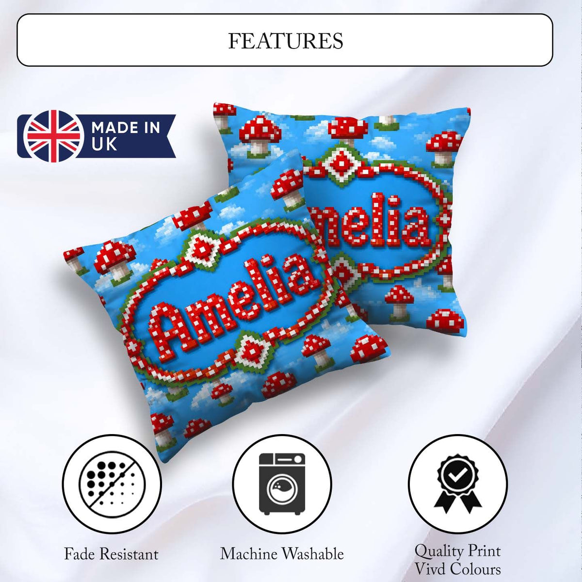 Custom Name Cute Pixel Mushroom Clouds Sky Seamless Pattern Cup Square Filled Cushion Throw Pillow Sofa Bed Home Decor Zip Washable UK Made