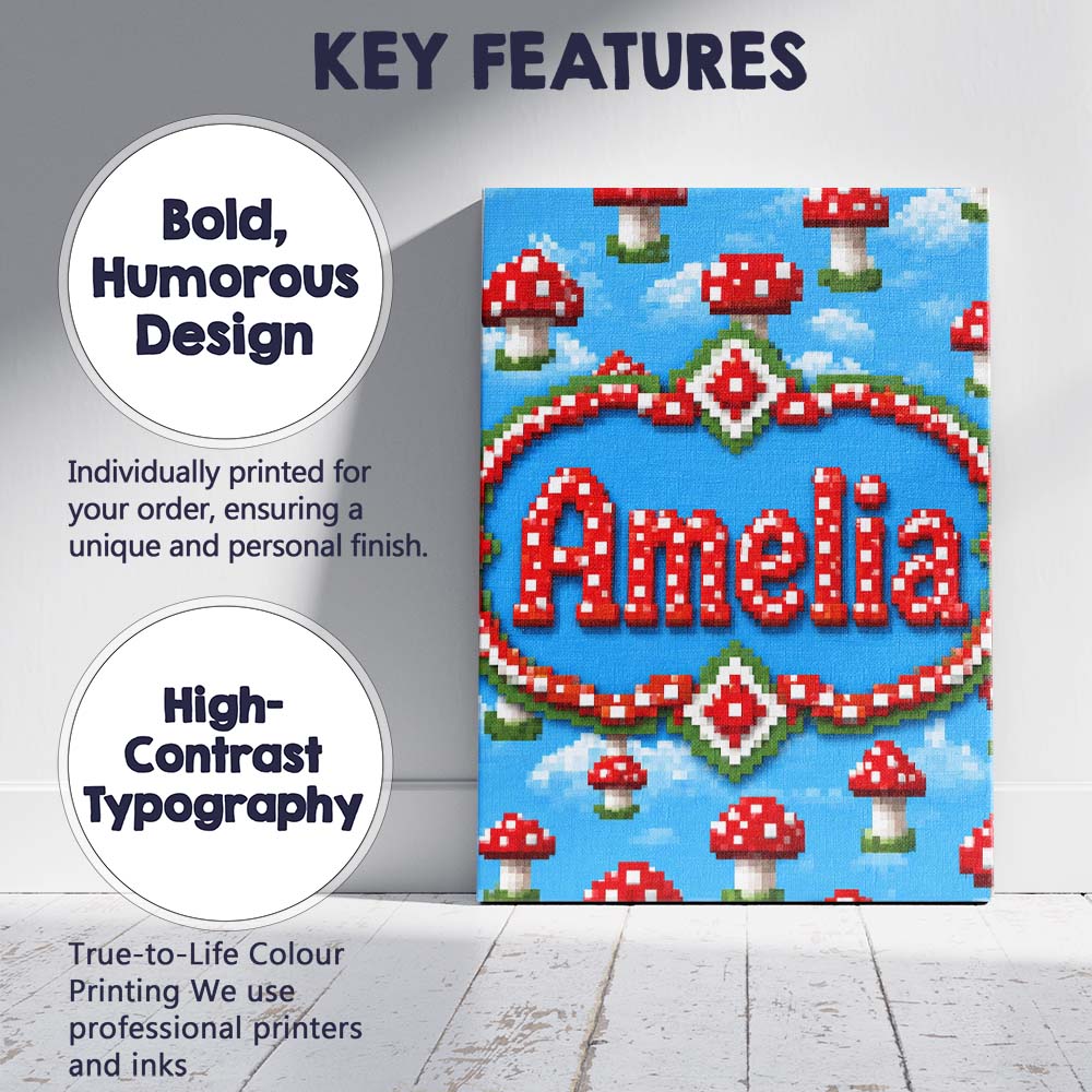 Personalised Name Cute Pixel Mushroom Custom Modern Room Accent Creative Decorator Style Canvas Wall Art Print Decor Picture Ready to Hang