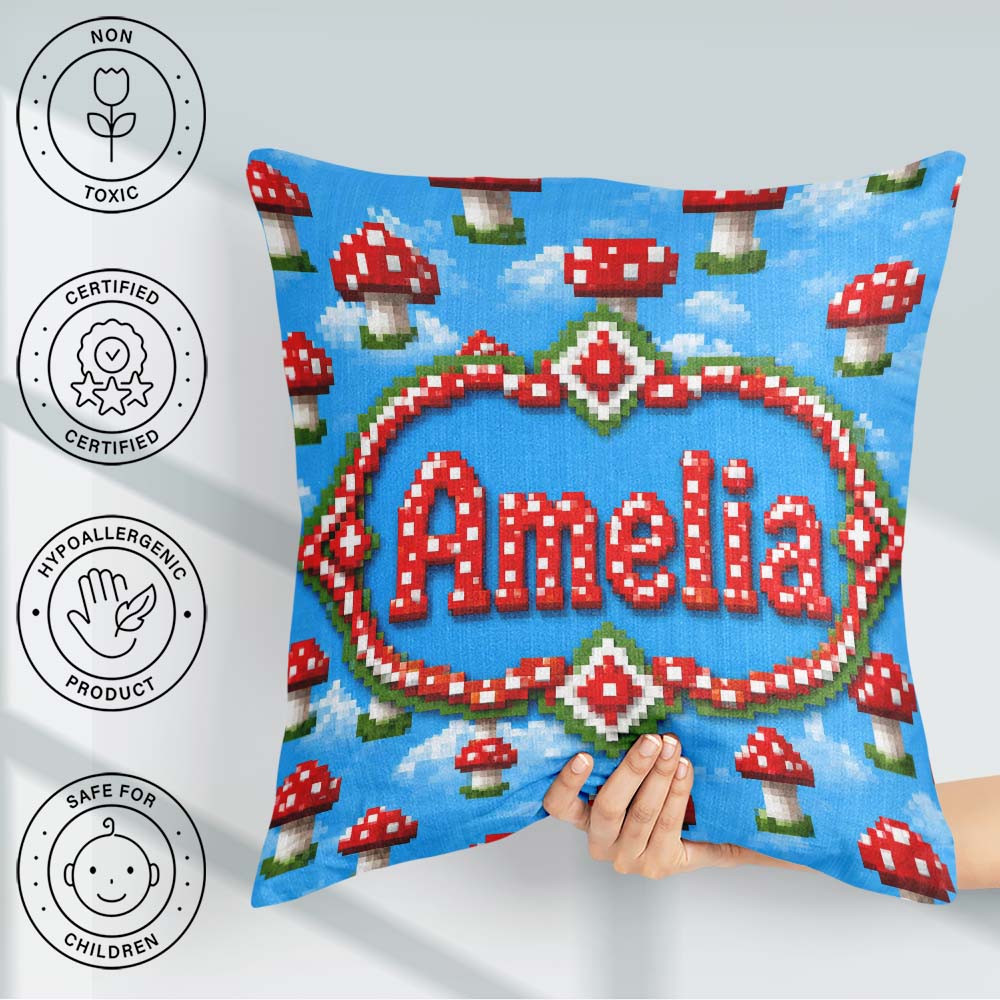 Custom Name Cute Pixel Mushroom Clouds Sky Seamless Pattern Cup Square Filled Cushion Throw Pillow Sofa Bed Home Decor Zip Washable UK Made