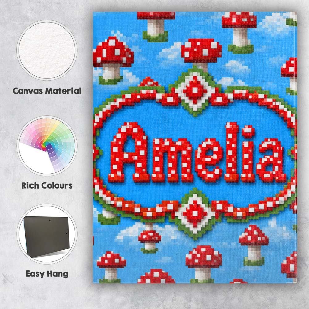 Personalised Name Cute Pixel Mushroom Custom Modern Room Accent Creative Decorator Style Canvas Wall Art Print Decor Picture Ready to Hang