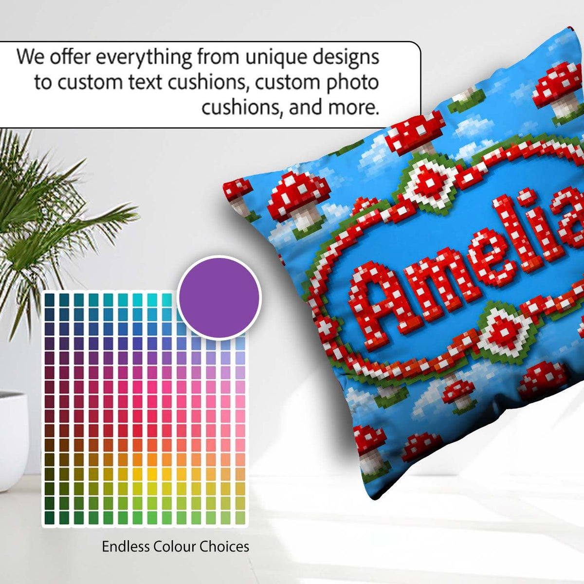 Custom Name Cute Pixel Mushroom Clouds Sky Seamless Pattern Cup Square Filled Cushion Throw Pillow Sofa Bed Home Decor Zip Washable UK Made