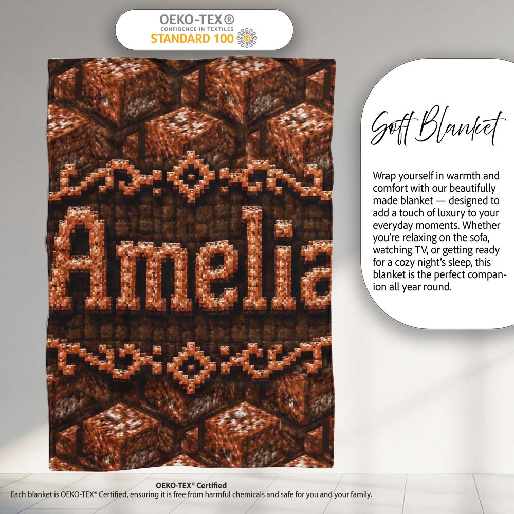 Rustic Brown Stone Cube Texture Abstract Seamless Pattern Lovely Personalised Custom Name Super Soft Fleece Blanket Bed Sofa Throw