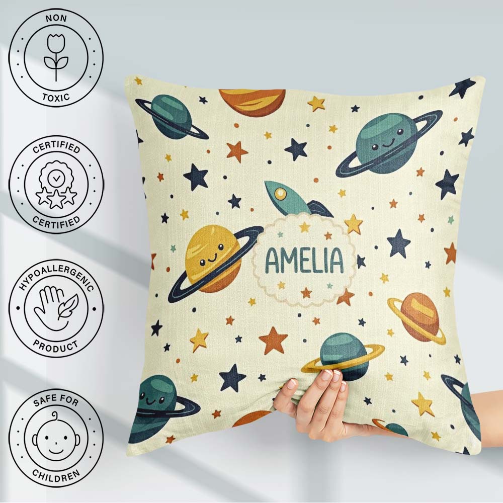 Custom Name Cute Space Planets Stars Rocket Seamless Pattern Square Filled Cushion Throw Pillow Sofa Bed Home Decor Zip Washable UK Made