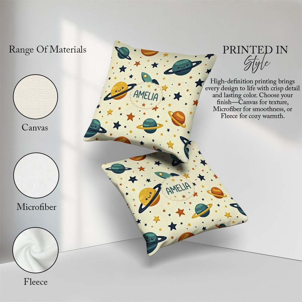 Custom Name Cute Space Planets Stars Rocket Seamless Pattern Square Filled Cushion Throw Pillow Sofa Bed Home Decor Zip Washable UK Made