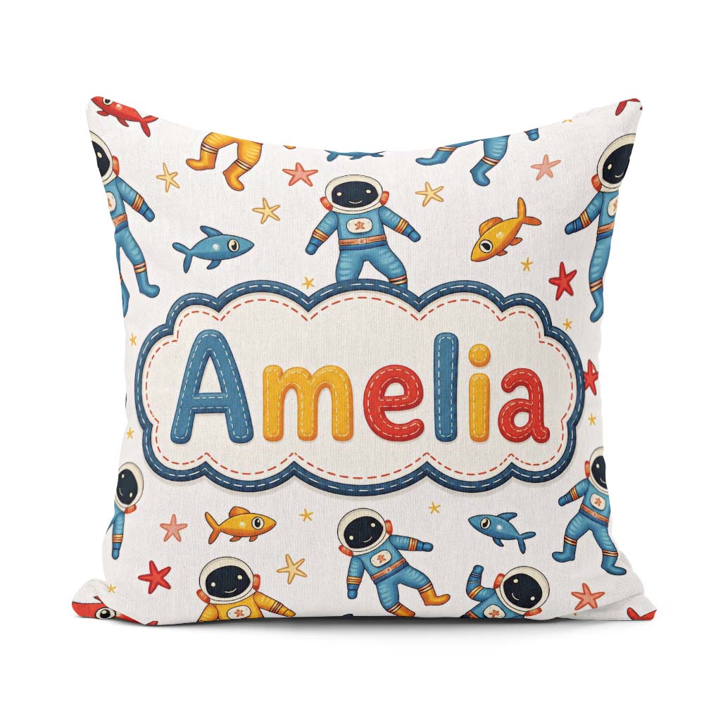 Custom Name Cute Cartoon Astronaut Space Kids Seamless Pattern Square Filled Cushion Throw Pillow Sofa Bed Home Decor Zip Washable UK Made