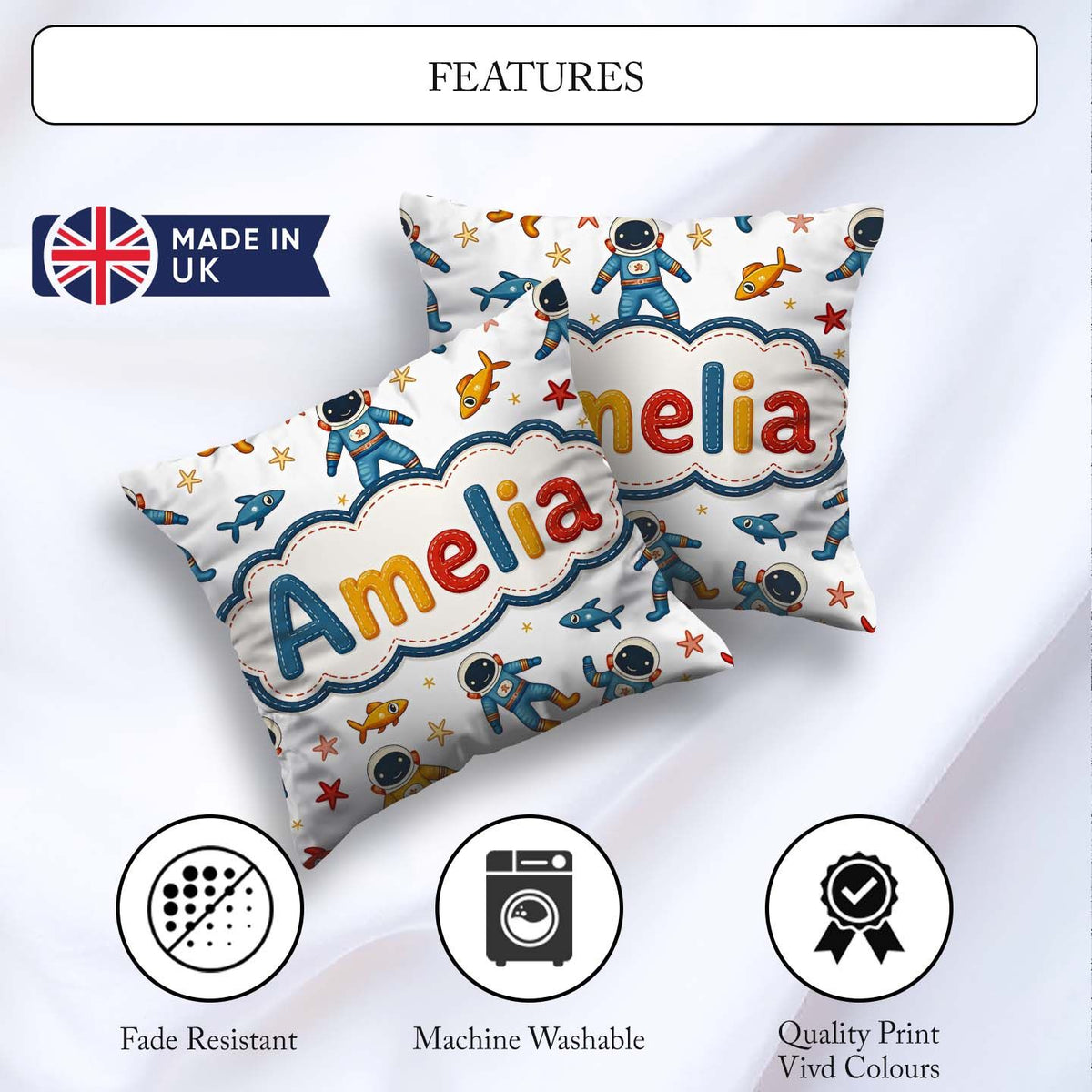 Custom Name Cute Cartoon Astronaut Space Kids Seamless Pattern Square Filled Cushion Throw Pillow Sofa Bed Home Decor Zip Washable UK Made