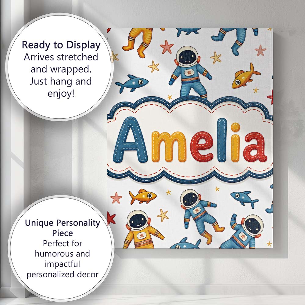 Personalised Name Cute Cartoon Astronaut Custom Unique Gift Idea Elegant Feature Canvas Wall Art Print Decor Picture Ready to Hang