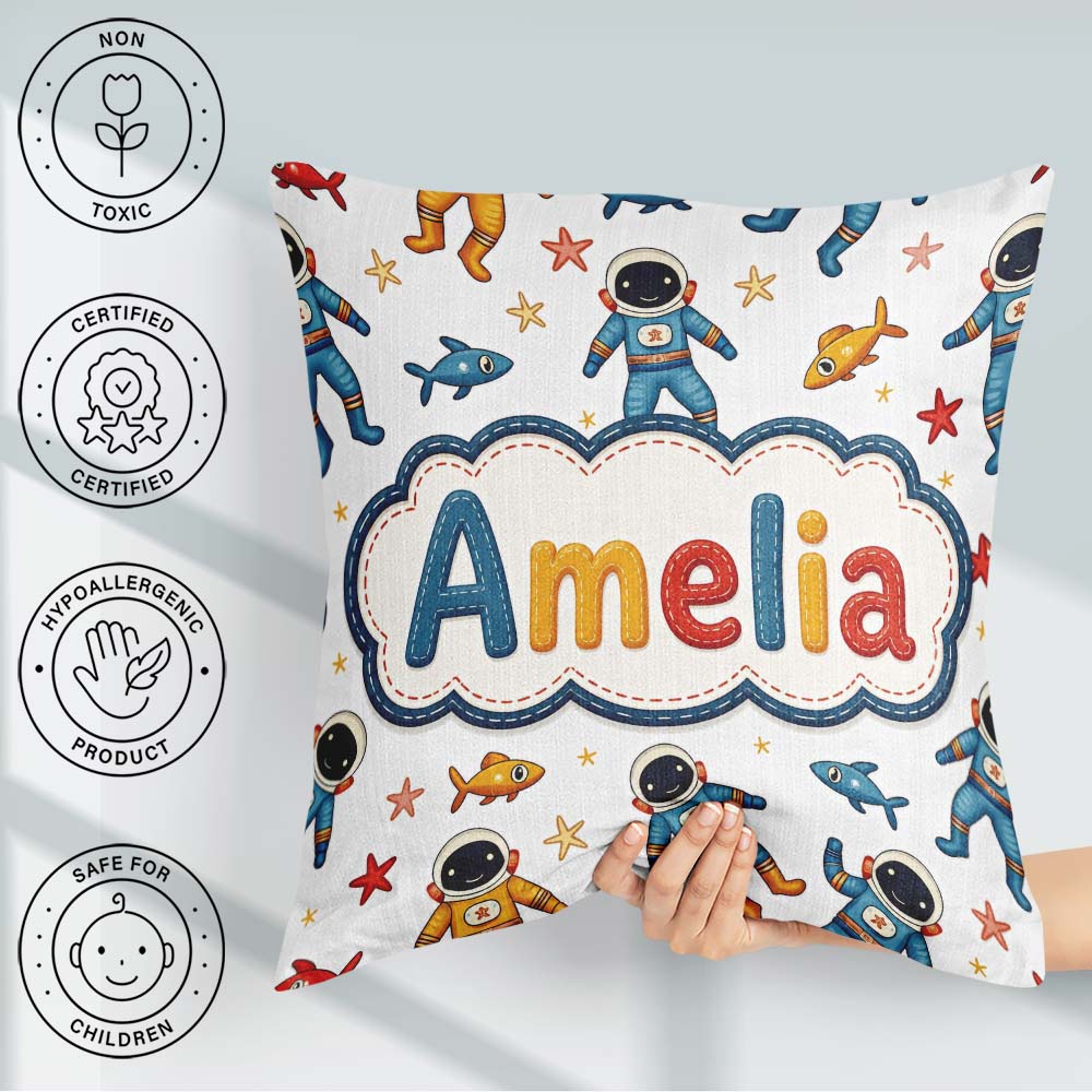 Custom Name Cute Cartoon Astronaut Space Kids Seamless Pattern Square Filled Cushion Throw Pillow Sofa Bed Home Decor Zip Washable UK Made