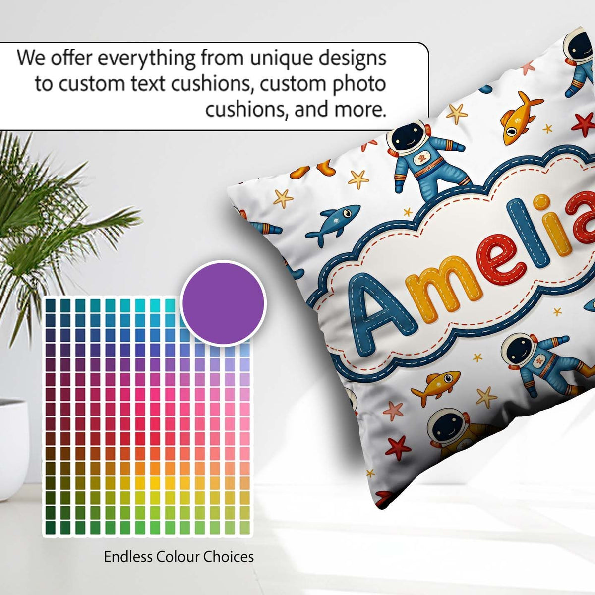 Custom Name Cute Cartoon Astronaut Space Kids Seamless Pattern Square Filled Cushion Throw Pillow Sofa Bed Home Decor Zip Washable UK Made