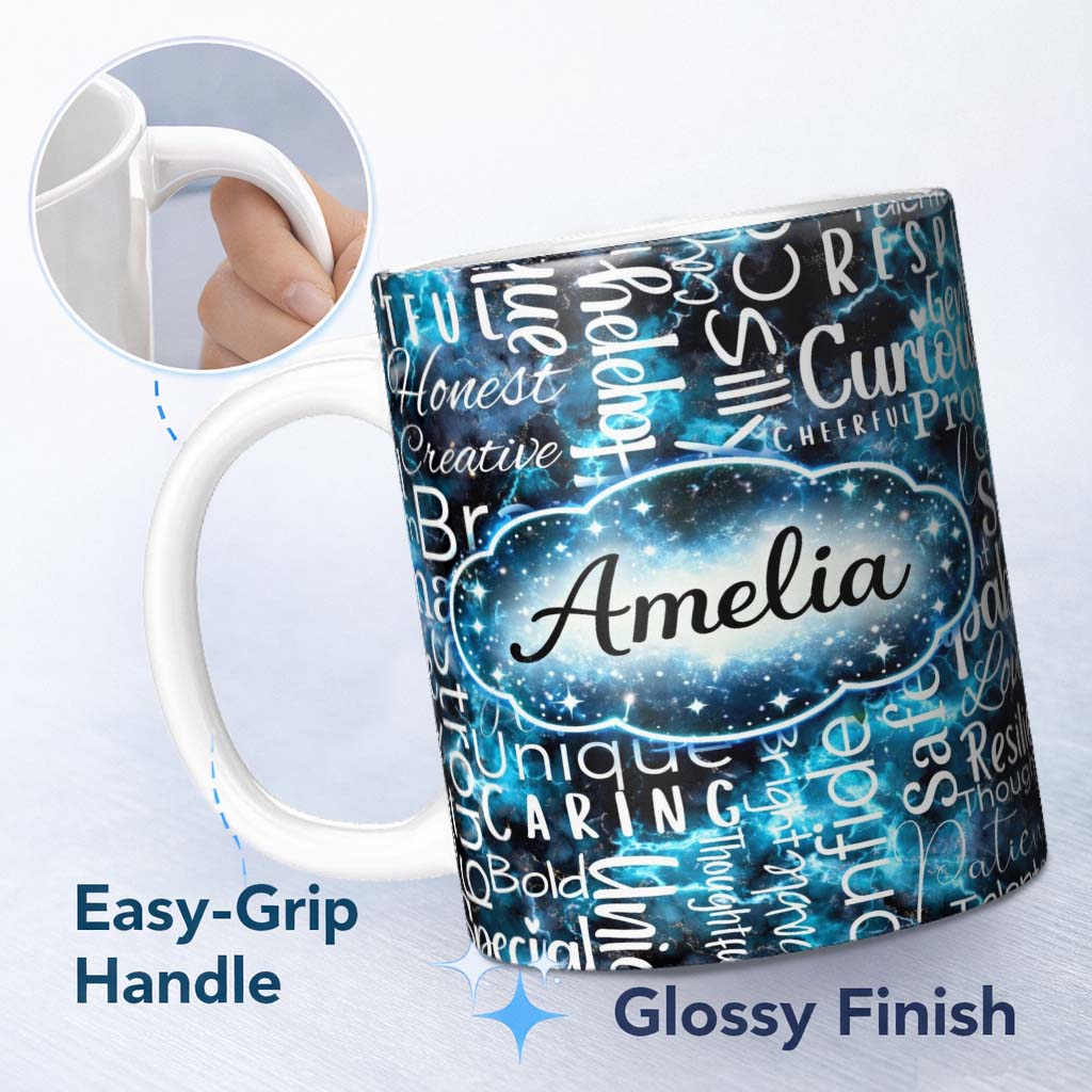 Personalized Custom Name Splatter Paint Typography Multicolour Black Motivational Word Lovely 11oz Ceramic Coffee Tea Mug White Large Handle