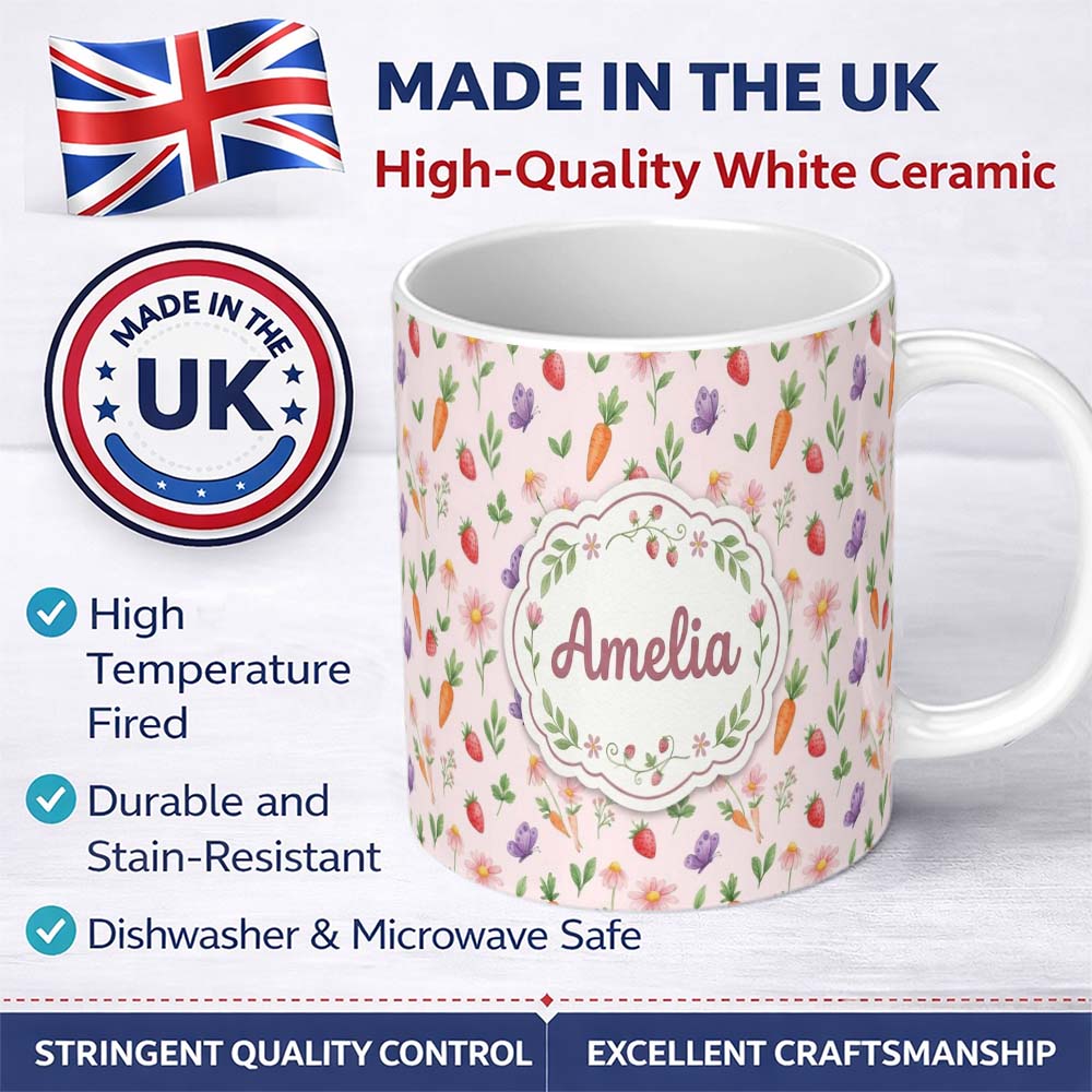 Personalized Custom Name Cute Easter Bunnies with Flowers Carrots Soft Cream Background 11oz Ceramic Coffee Tea Mug White Large Handle