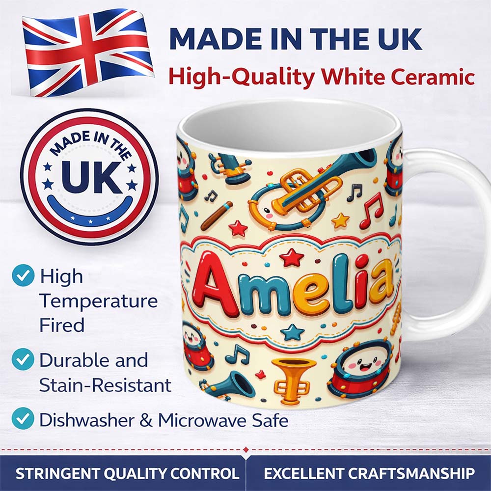 Personalized Custom Name Cute Musical Instruments Drums Trumpets Notes Fun Seamless Pattern 11oz Ceramic Coffee Tea Mug White Large Handle