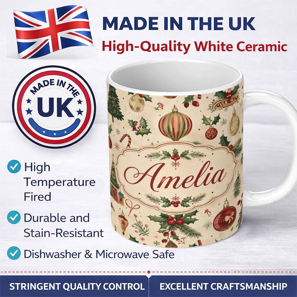 Personalized Custom Name Vintage Christmas Baubles Holly Leaves and Winter Elements Classic 11oz Ceramic Coffee Tea Mug White Large Handle
