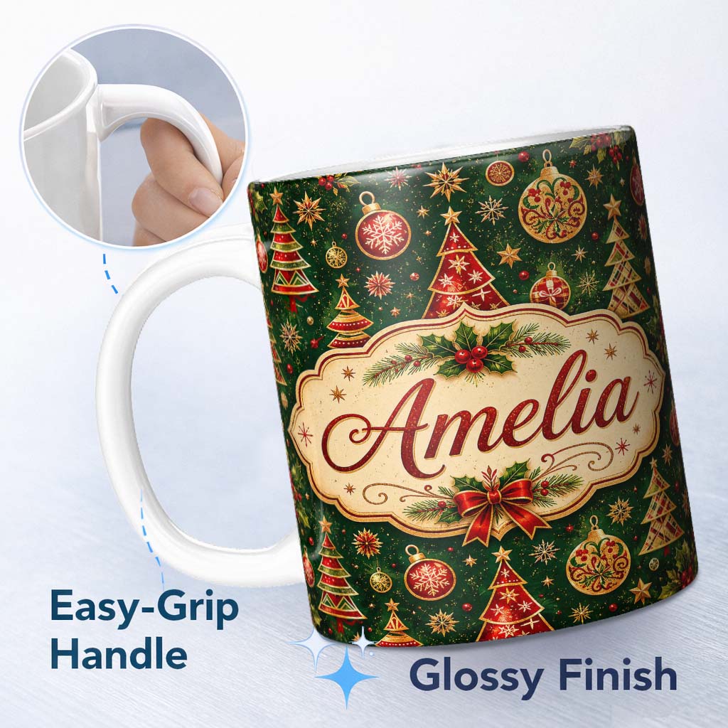 Personalized Custom Name Christmas Trees Baubles Stars Seamless Pattern Festive Holiday 11oz Ceramic Coffee Tea Mug White Large Handle