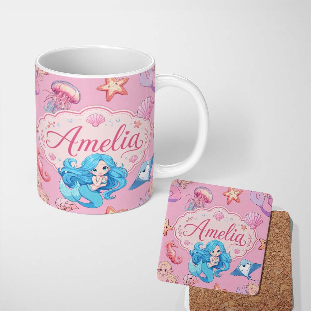 Personalized Custom Name Mermaid Ocean Friends Jellyfish Starfish Rose Pink Background Lovely 11oz Ceramic Coffee Tea Mug White Large Handle
