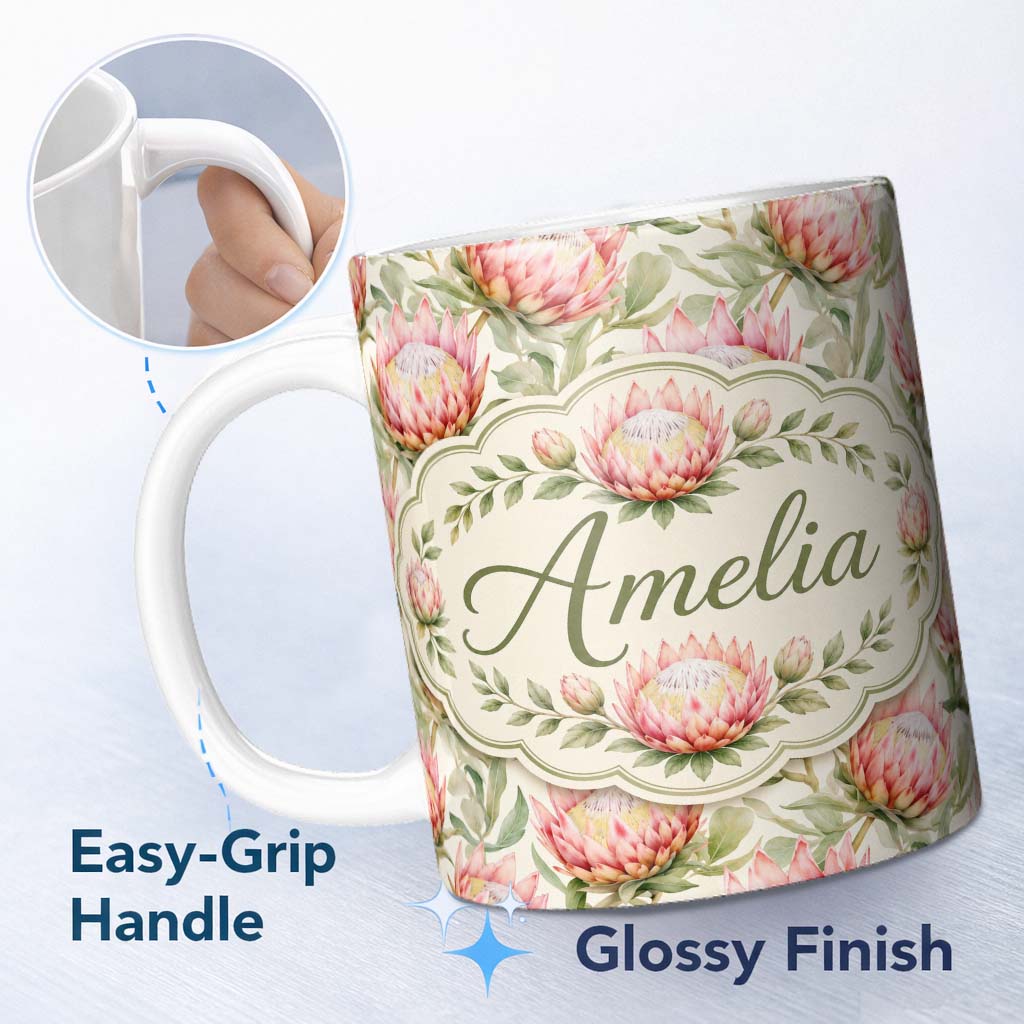 Personalized Custom Name Soft Pink Protea Flowers and Green Leaves Seamless Pattern Lovely 11oz Ceramic Coffee Tea Mug White Large Handle