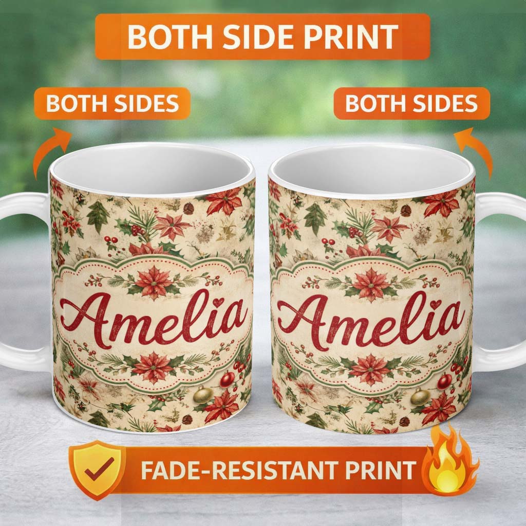 Personalized Custom Name Festive Poinsettia Holly Berry Vintage Christmas Seamless Pattern 11oz Ceramic Coffee Tea Mug White Large Handle
