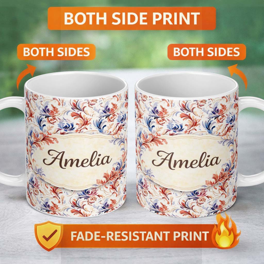 Personalized Custom Name Soft Red Blue Floral Seamless Pattern Vintage Botanical Ornamental 11oz Ceramic Coffee Tea Mug White Large Handle