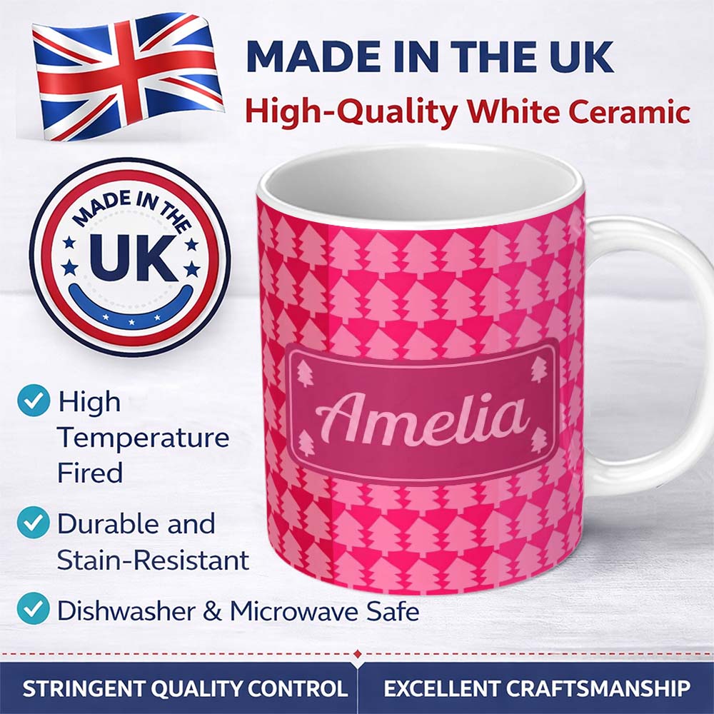 Personalized Custom Name Minimal Pink Christmas Trees Geometric Seamless Pattern Lovely 11oz Ceramic Coffee Tea Mug White Large Handle