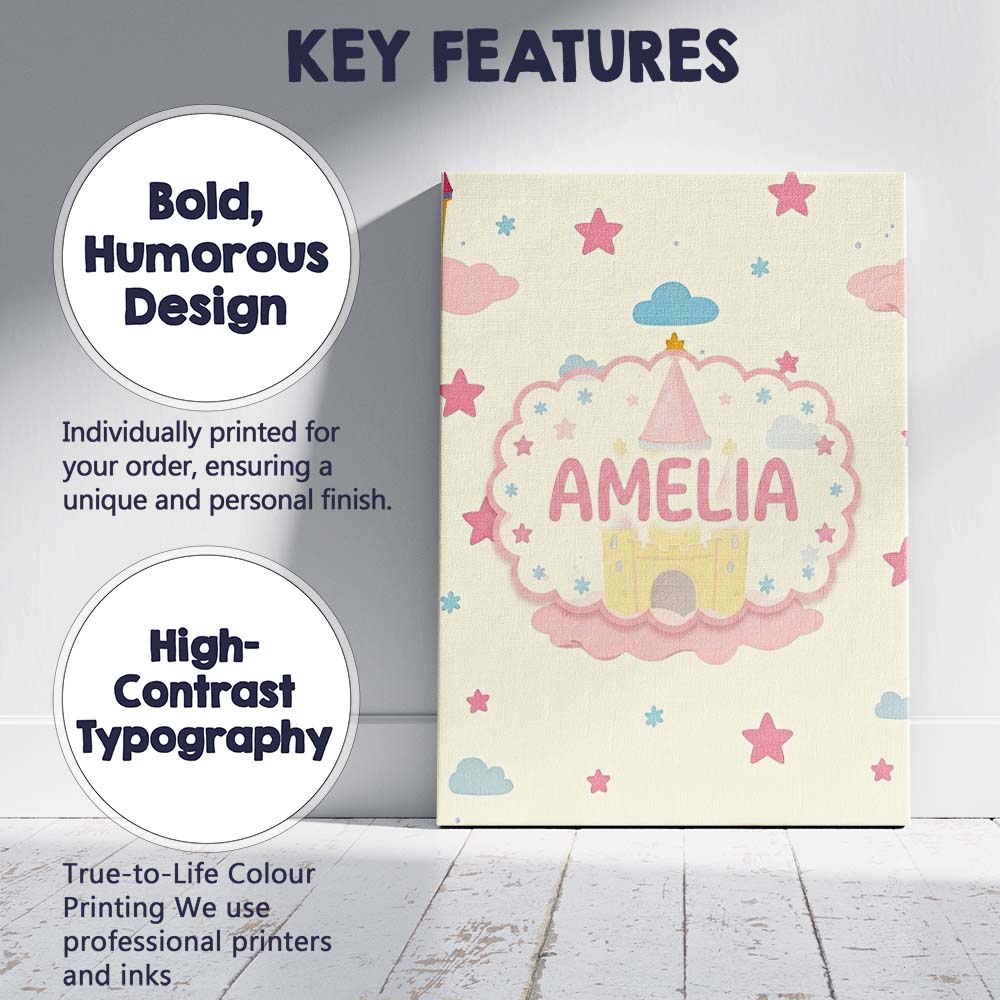 Personalised Name Cute Fantasy Castle Custom Modern Room Accent Creative Decorator Style Canvas Wall Art Print Decor Picture Ready to Hang