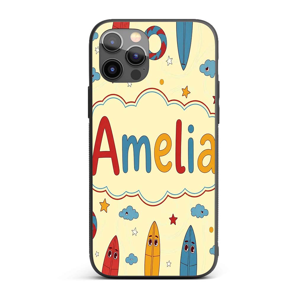Cute Surfboards Lifebuoys Clouds and Stars Fun Custom Name Protective Phone Case Mobile Cover Durable Everyday Smartphone Shock Resistant