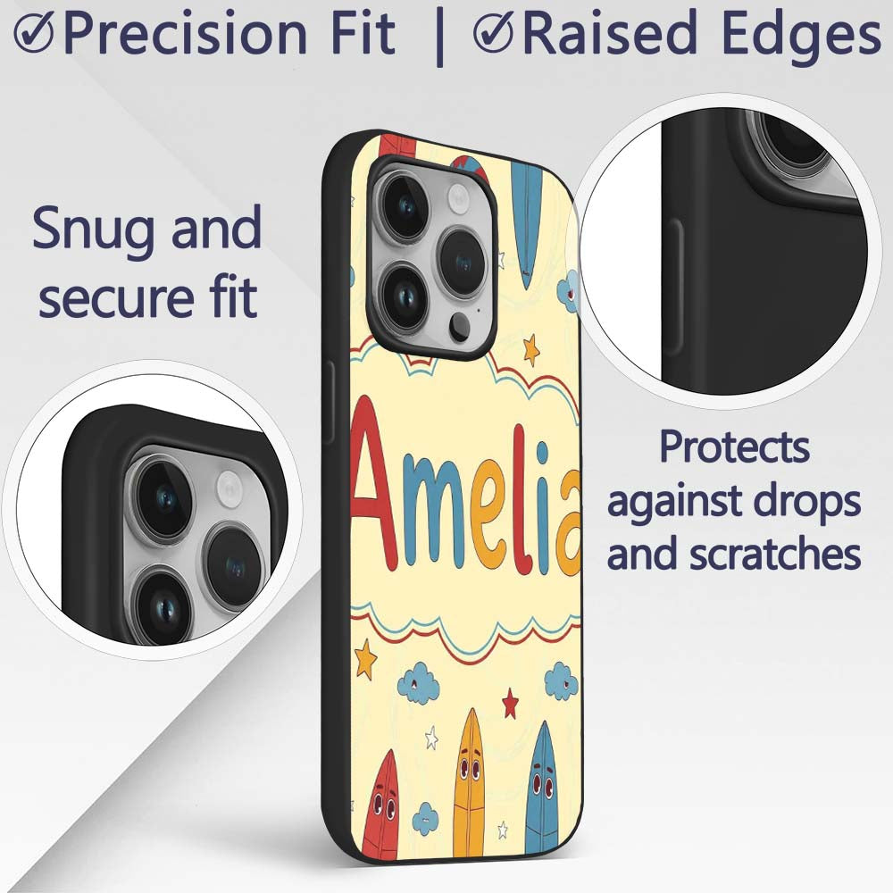 Cute Surfboards Lifebuoys Clouds and Stars Fun Custom Name Protective Phone Case Mobile Cover Durable Everyday Smartphone Shock Resistant