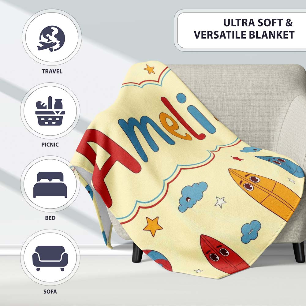 Cute Surfboards Lifebuoys Clouds and Stars Fun Summer Beach Seamless Personalised Custom Name Super Soft Fleece Blanket Bed Sofa Throw