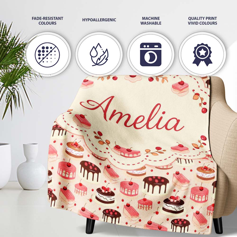 Blue White Cake Seamless Pattern Minimal Dessert Food Design Lovely Personalised Custom Name Super Soft Fleece Blanket Bed Sofa Throw