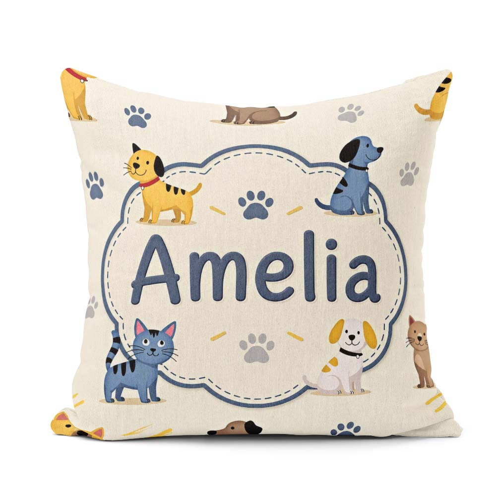 Custom Name Dogs and Cats with Paw Playful Pet Seamless Pattern Square Filled Cushion Throw Pillow Sofa Bed Home Decor Zip Washable UK Made