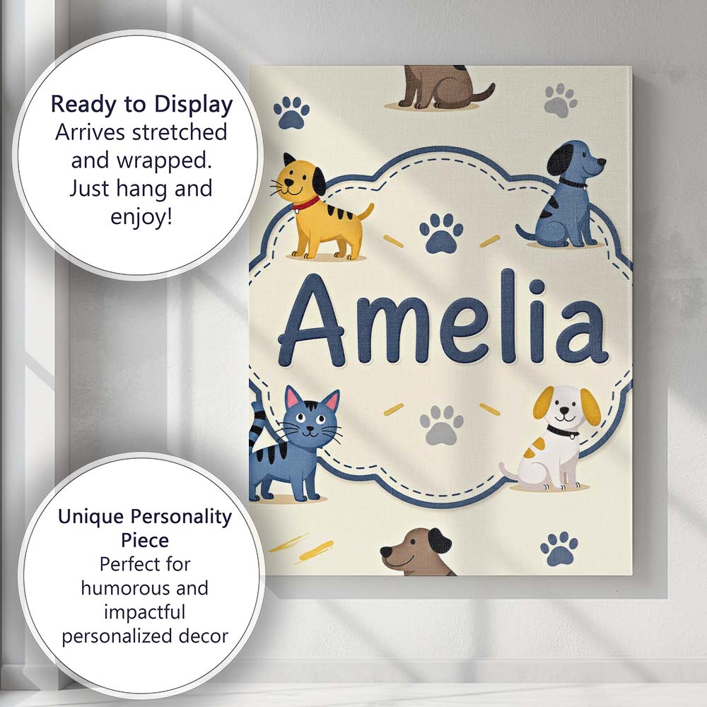 Personalised Name Cute Dogs and Cats with Custom Unique Gift Idea Elegant Feature Canvas Wall Art Print Decor Picture Ready to Hang