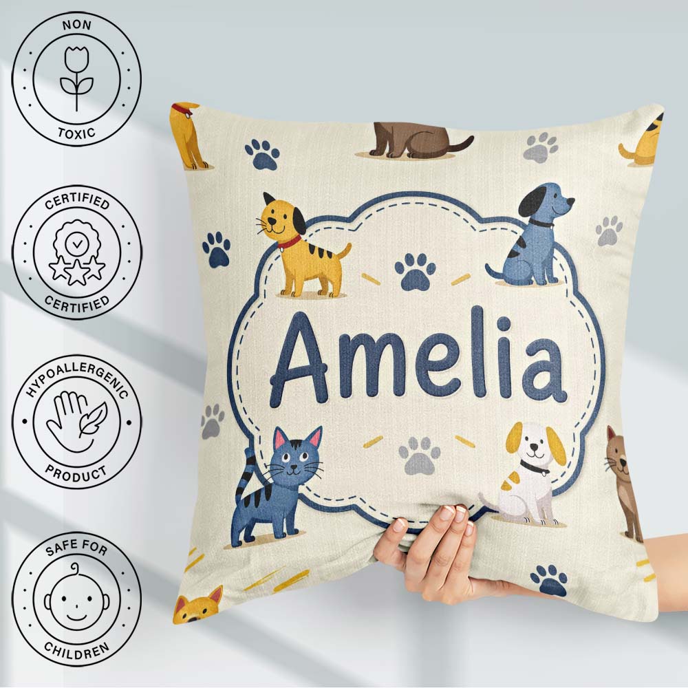 Custom Name Dogs and Cats with Paw Playful Pet Seamless Pattern Square Filled Cushion Throw Pillow Sofa Bed Home Decor Zip Washable UK Made