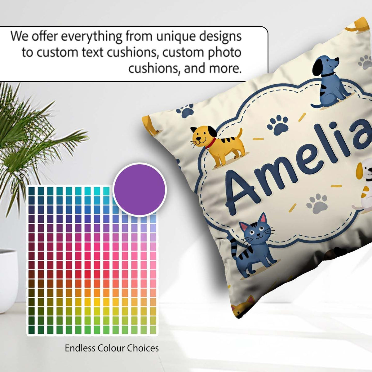 Custom Name Dogs and Cats with Paw Playful Pet Seamless Pattern Square Filled Cushion Throw Pillow Sofa Bed Home Decor Zip Washable UK Made