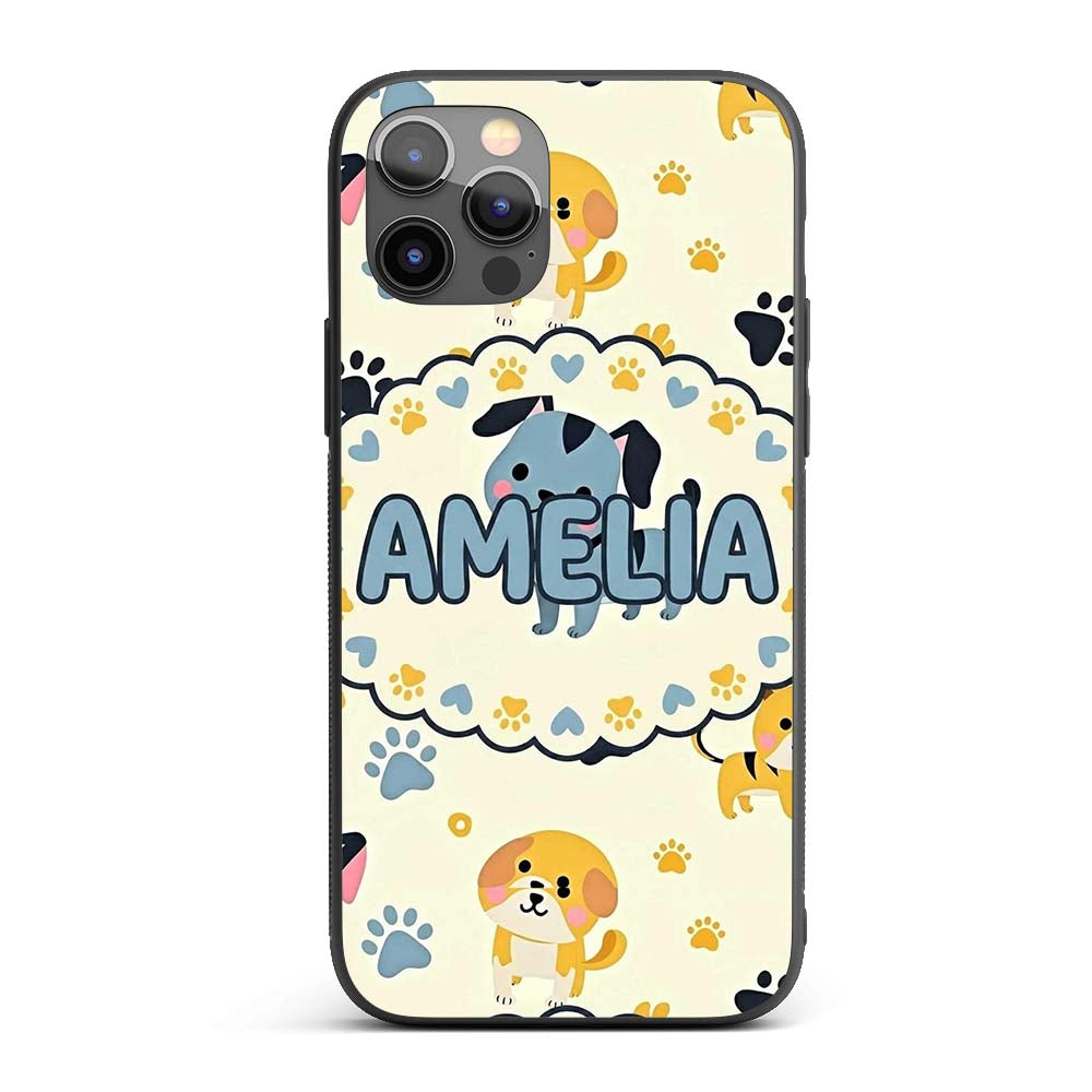 Cute Cartoon Puppies and Paw Prints Kawaii Style Custom Name Protective Phone Case Mobile Cover Durable Everyday Smartphone Shock Resistant