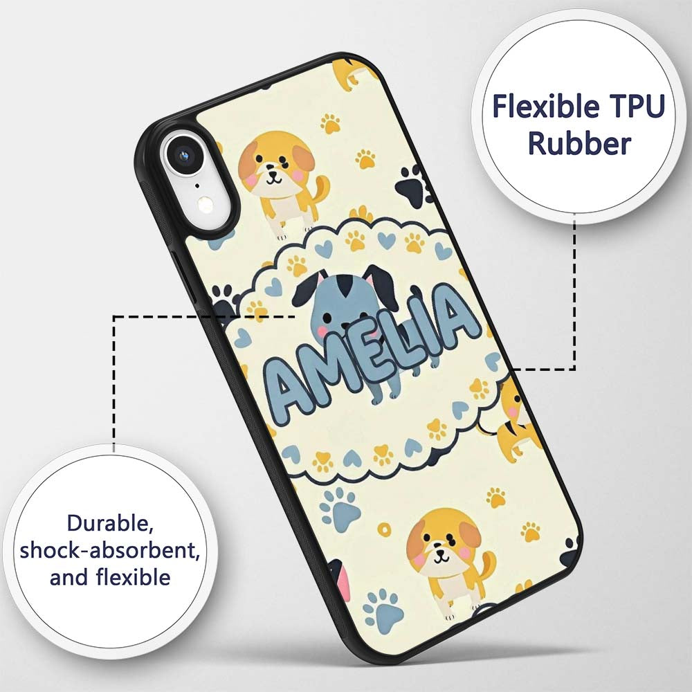 Cute Cartoon Puppies and Paw Prints Kawaii Style Custom Name Protective Phone Case Mobile Cover Durable Everyday Smartphone Shock Resistant