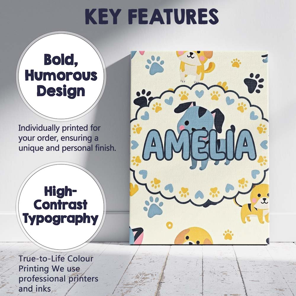 Personalised Name Cute Cartoon Puppies and Custom Unique Gift Idea Elegant Feature Canvas Wall Art Print Decor Picture Ready to Hang