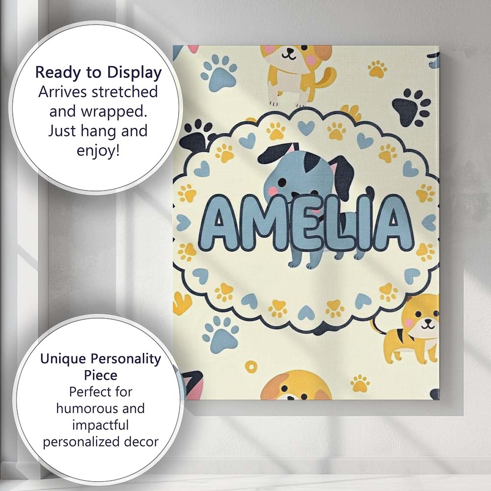 Personalised Name Cute Cartoon Puppies and Custom Unique Gift Idea Elegant Feature Canvas Wall Art Print Decor Picture Ready to Hang
