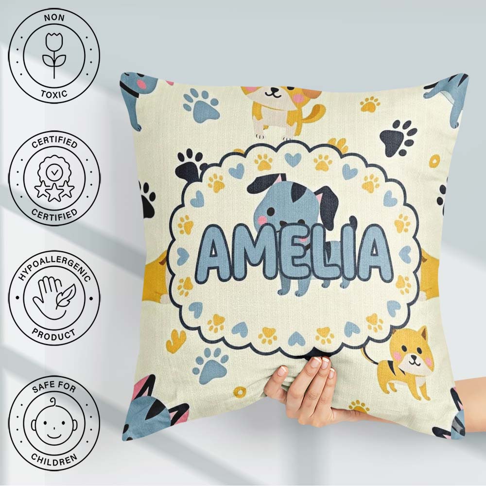 Custom Name Cartoon Puppies and Paw Prints Kawaii Style Seamless Square Filled Cushion Throw Pillow Sofa Bed Home Decor Zip Washable UK Made