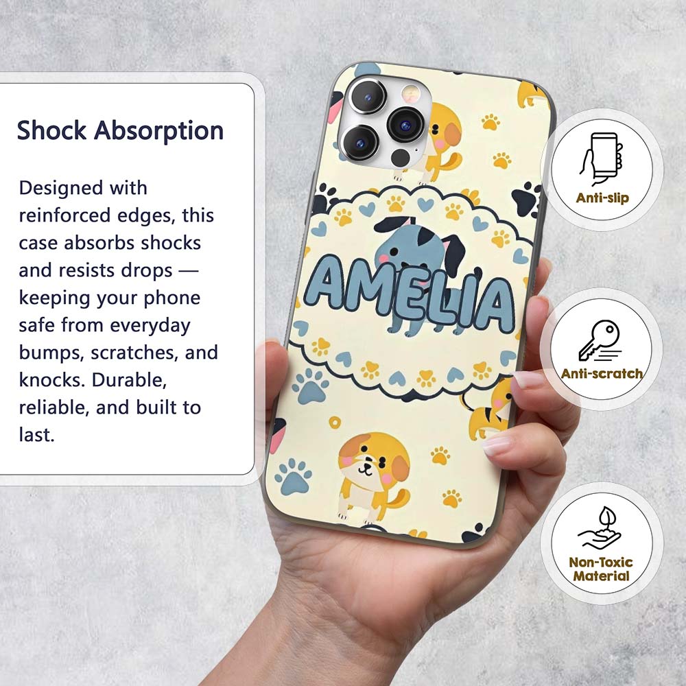 Cute Cartoon Puppies and Paw Prints Kawaii Style Custom Name Protective Phone Case Mobile Cover Durable Everyday Smartphone Shock Resistant