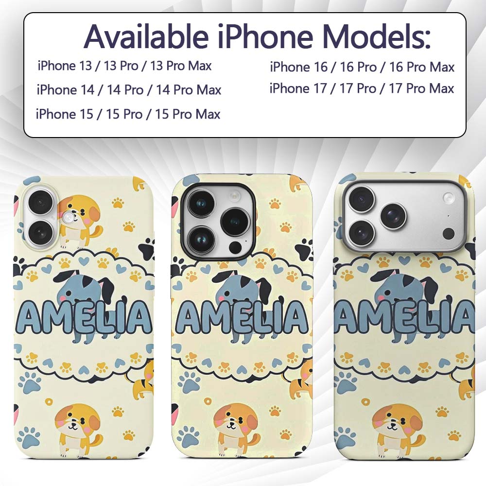 Cute Cartoon Puppies and Paw Prints Kawaii Style Custom Name Protective Phone Case Mobile Cover Durable Everyday Smartphone Shock Resistant