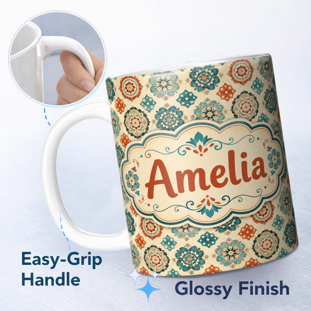 Personalized Custom Name Boho Mandala Floral Medallion Teal Coral Seamless Pattern Lovely 11oz Ceramic Coffee Tea Mug White Large Handle