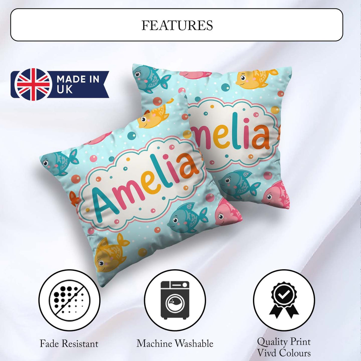 Custom Name Cute Colorful Fish Ocean Bubbles Underwater Seamless Square Filled Cushion Throw Pillow Sofa Bed Home Decor Zip Washable UK Made